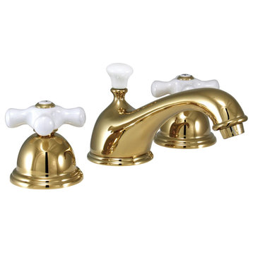 Widespread Bathroom Faucet, Dual Crossed White Handles & Pop Up Drain, Brass