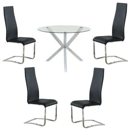 Home Square 5 Piece Set with Round Glass Top Dining Table and 4 Chairs in Black