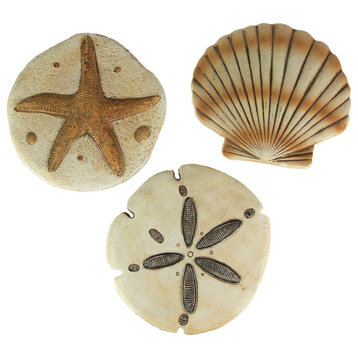 Set of 3 Cement Sea Shell Wall Hanging Sand Dollar Starfish Scallop Sculptures