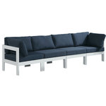 Meridian Furniture - Nizuc Water Resistant Patio Modular Straight Sofa, Navy, 4-Piece: 2 Armless Chair, 2 Corner Chair, White Aluminum Frame - Pick and choose your favorites from the Nizuc collection to create a modular seating group the whole gang will enjoy. The sturdy aluminum frame provides dependable support for friends and family as they relax and unwind, and the resilient navy water resistant fabric stands up to the elements without losing its beautiful demeanor, so you can count on it lasting for the long haul. Latches beneath these seating pieces help you easily attach them to one another for convenient setup.