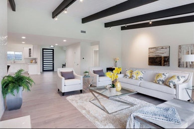 Sunroom - large contemporary light wood floor sunroom idea in Other with a standard fireplace and a standard ceiling