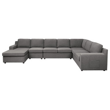 Waylon Gray Linen 7-Seater U-Shape Sectional Sofa Chaise With Pocket, 81803-6