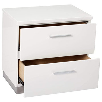 Modern Nightstand, 2 Drawers With Polished Chrome Bar Pulls, White Gloss White