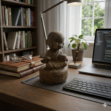 Oriental Gray Stone Little Lohon Monk Playing GoChess Statue ws3634