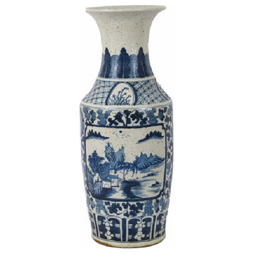 Vintage Style Blue and White Landscape Motif Porcelain Vase 26"