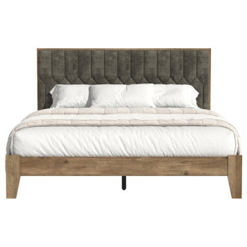 PVTcus with Velvet Wood Frame Upholstered Queen Platform Bed with Headboard, Knotty Oak With Velvet Brown