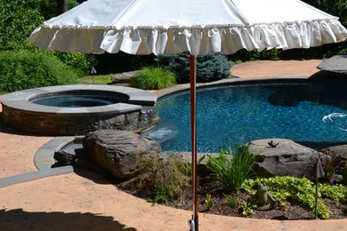 Inspiration for a mid-sized transitional backyard custom-shaped pool in DC Metro with concrete pavers.