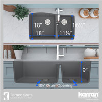 Karran Undermount Quartz 33" 60/40 Double Bowl Kitchen Sink, Grey