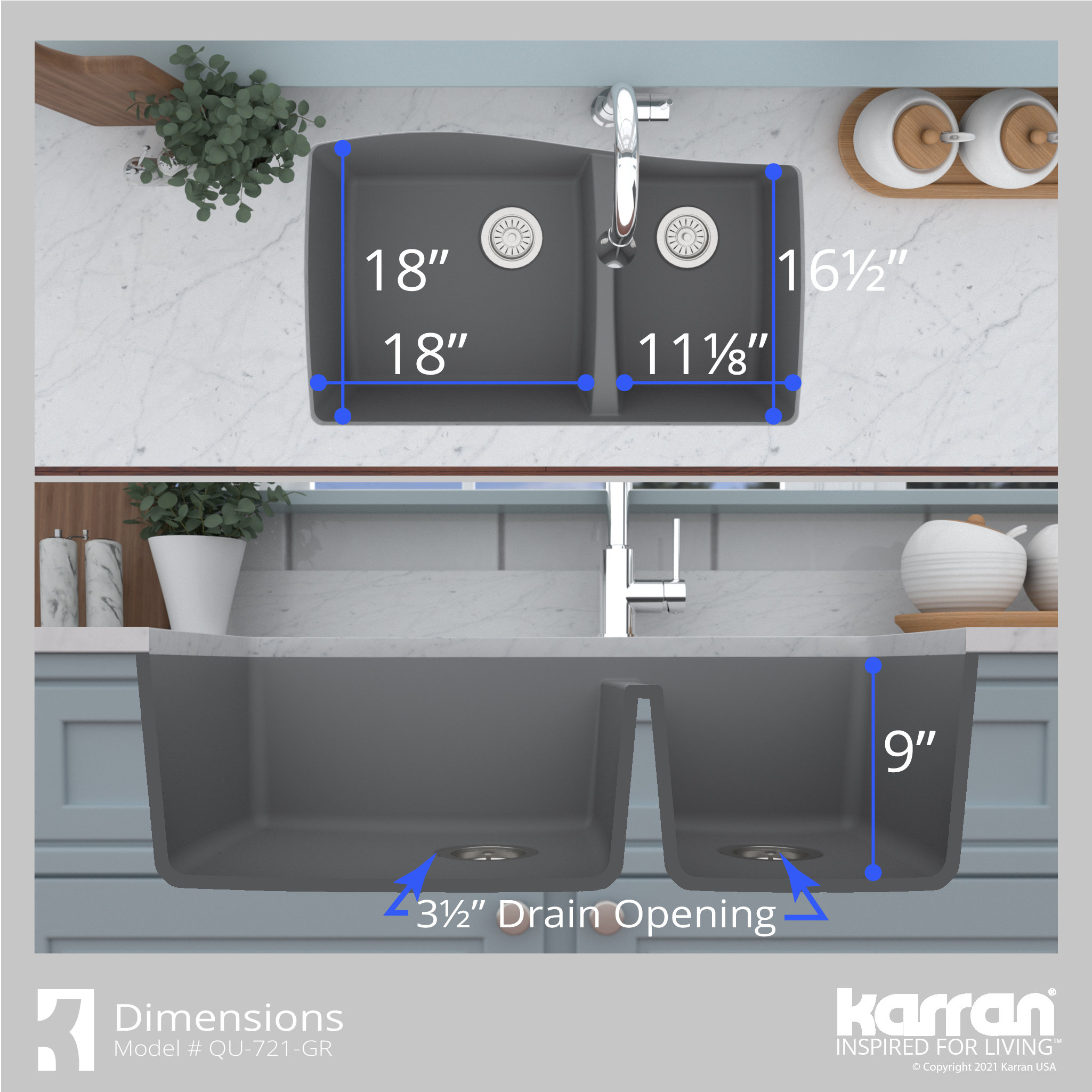 Karran Undermount Quartz 33" 60/40 Double Bowl Kitchen Sink, Grey