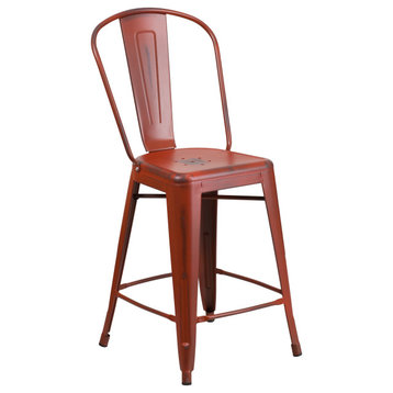 Slat Back 24" Counter Stool With Back and Footrest, Distressed Kelly Red
