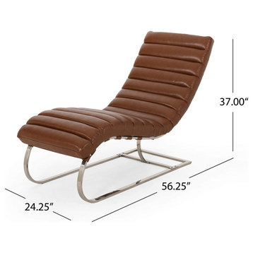 Modern Chaise Lounge, Stainless Steel Base & Cognac Brown Faux Leather Seat