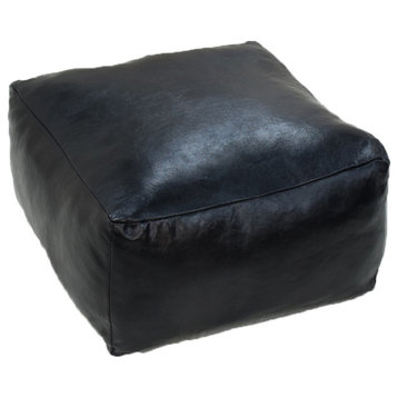 Solid Handmade Leather Pouf (Recycled Foam with Fibre Fill) PF12, Black, [Square} 21x21x12