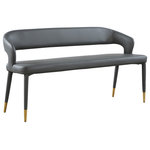 Meridian Furniture - Destiny Upholstered Bench, Gray, Vegan Leather - Enjoy extra seating space in your home with this Destiny Gray leather bench. Its soft, Gray leather upholstery offers coziness while sitting, ensuring you and your guests are always comfortable. A rounded, open back provides additional comfort as well as style. Gold tipped upholstered legs give this bench an extra touch of style that complements any contemporary living space. Its long length guarantees that you'll always have extra space to seat family and friends who visit.