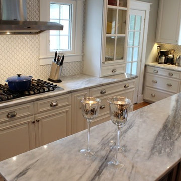 Transitional Kitchen With White & Gray Cabinets and Quartzite Countertop