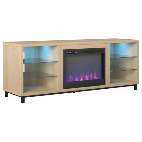 Elegant Fireplace TV Stand for 70" TVs with Shelves and LED Lights, Blonde Oak