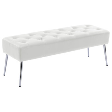 Button Tufts Bedroom Bench, White-Pu Leather