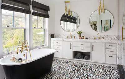 Glam Black-and-White Bathroom Overlooks the Hollywood Hills