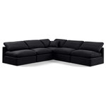 Meridian Furniture - Indulge Upholstered Modular L-Shaped Sectional, Black, 5-Piece: 4 Armless Chair, 1 Corner Chair, Down Stuffed Velvet - Experience ultimate comfort and style with our black velvet Indulge Sectional. The luxurious velvet will elevate the aesthetic of any room. This sofa provides ample space for you to relax while its modular build offers the option of unlimited configurations. Whether you're looking to add a stylish element to your living room or a comfortable seating option to your bedroom, this sofa is the perfect choice.
