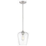 Savoy House - Octave 1-Light Mini Pendant, Satin Nickel - A bold, light-colored frame and streamlined silhouette create an air of elegance and sophistication. The lustrous, brushed, satin nickel finish and large, clear glass shade go with absolutely everything: any color palette and many other finishes. Whether you have transitional, contemporary, bohemian, or other decor styles in your home, you'll love the way this Octave fixture stylishly blends in. And at 8.5" wide by 10.5" high, this pendant is a graceful, proportionate sizeeven when grouping a few together. The tapered, curved glass shade has a sleek, uncluttered look, and one 60W, E-style bulb provides lovely light for clean, casual style in your dining area, living room, kitchen, foyer, bedroom, bathroom, hallway, family room, office, great room, or stairway.