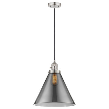Cone Mini Pendant With Switch, Polished Nickel, Plated Smoke