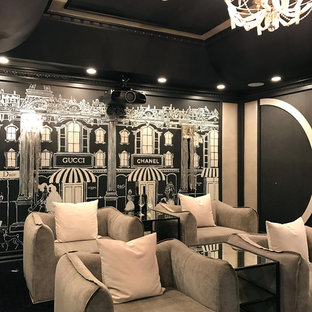 Mid-sized cottage chic carpeted and black floor home theater photo in Los Angeles with black walls