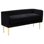 Meridian Furniture - Audrey Velvet Upholstered Bench, Black - Sit or recline in exquisite comfort on this Audrey bench from Meridian Furniture. The black velvet is smooth and soothing to touch, perfect for relaxing after a long day of activities. Underneath the bench are four golden legs for sturdy support with caps on each leg to protect your floors. The contemporary design suits modern households while the 20-pound weight makes it easy to move around as needed. Sit the bench in the living room for extra seating or by the front door for putting on shoes.
