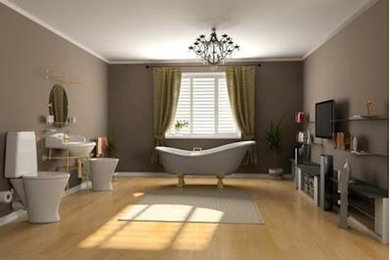 Large elegant master beige tile medium tone wood floor bathroom photo in Miami with a pedestal sink and beige walls
