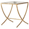 Contemporary End Table, Unique Curved X-Shaped Trestle Base & Glass Top, Brass