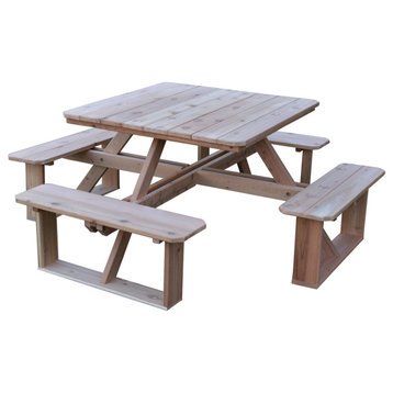 Cedar Square Picnic Table with Attached Benches, Unfinished