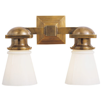 New York Subway Double Light in Hand-Rubbed Antique Brass with White Glass
