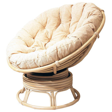 Papasan Swivel Rocking Chair Rattan Wicker Handmade w Cream Cushion, White Wash