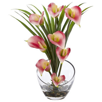 15.5" Calla Lily and Grass Artificial Arrangement, Vase, Pink