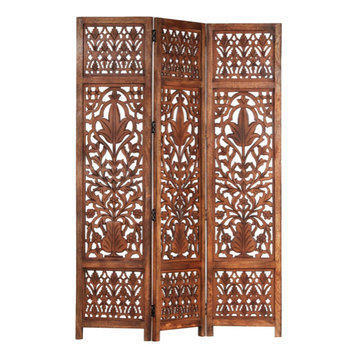 vidaXL Solid Mango Wood Hand Carved 3-Panel Room Divider Brown Privacy Screen