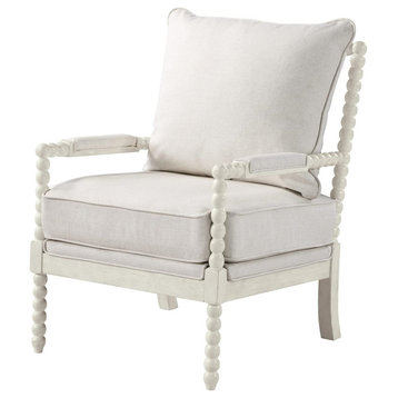 Traditional Accent Chair, Turned Spindle Legs With Cushioned Seat, White/Linen