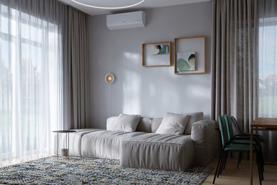 Современный интерьер дома с акцентами лестного цвета