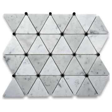 Carrara Venato Marble Triangle Mosaic Tile Black Round Dots Honed, 1 sheet