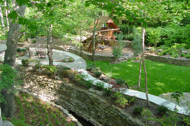 Photo of a traditional backyard water fountain landscape in Other.