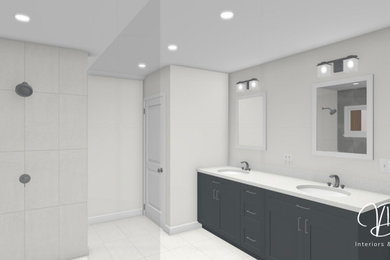 Стильный дизайн: большая ванная комната в современном стиле с серыми фасадами, открытым душем, тумбой под две раковины и встроенной тумбой - последний тренд
