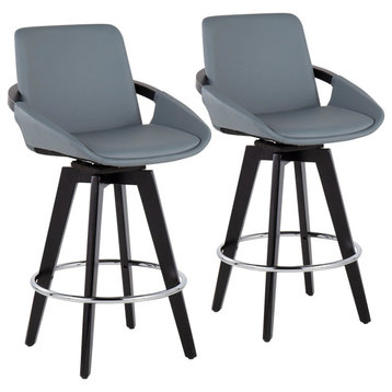 Cosmo Swivel Fixed-Height Counter Stool, Set of 2, Black Wood, Chrome, Gray PU