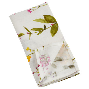Linen Napkins With Floral Stem Design, Set of 4, Off-White