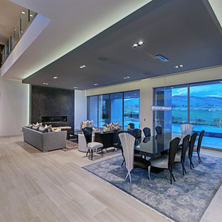 ラスベガスの中サイズのモダンスタイルのLDKの画像 (白い壁、淡色無垢フローリング、横長型暖炉、金属の暖炉まわり、ベージュの床)