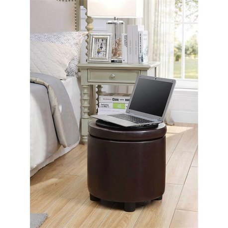 Designs4Comfort Round Accent Storage Ottoman in Espresso Faux Leather