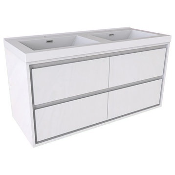MOM 48" Wall Mounted Vanity With 4 Drawers and Acrylic Double Sink, Glossy White