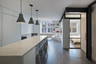 Great room - mid-sized contemporary dark wood floor and brown floor great room idea in New York with white walls and no fireplace