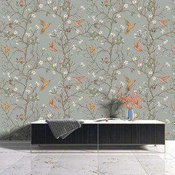 Gray Chinoiserie Bird Flower Wallpaper