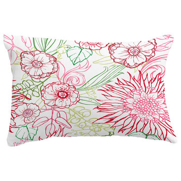 Zentangle 4 Color Floral Print Throw Pillow With Linen Texture, Red, 14"x20"