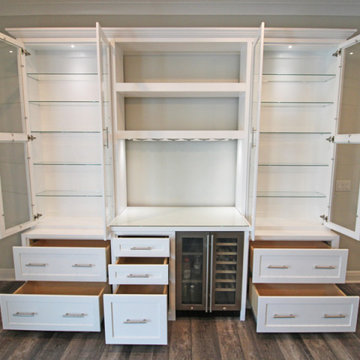 Custom Bar and Display Hutch Cabinet: Wine Fridge, Stemware Holder, Glass Doors