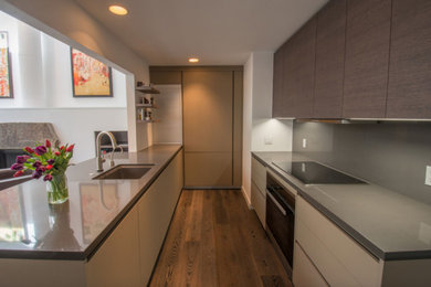 Open concept kitchen - mid-sized modern u-shaped dark wood floor and brown floor open concept kitchen idea in Denver with an undermount sink, flat-panel cabinets, brown cabinets, quartzite countertops, gray backsplash, paneled appliances, a peninsula and gray countertops