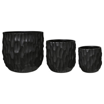 Round Ceramic Pot with Scooped Pattern Design Body Matte Black Finish, Set of 3