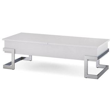 Modern Coffee Table, Unique Design With Chrome Base & Lift Up Tray Top, White